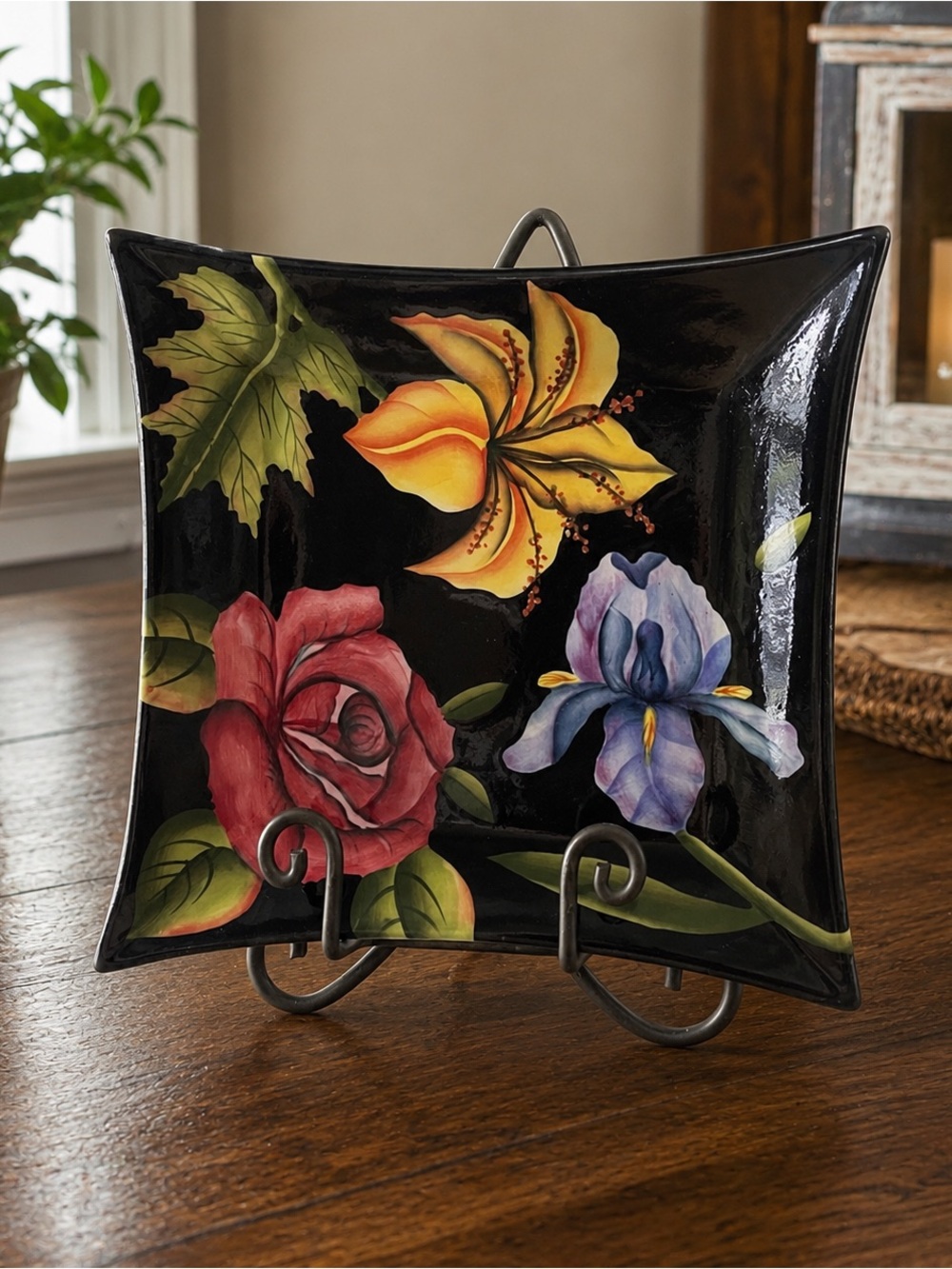 Pacific Rim Hand Painted Florabunda Square Serving Plate Black Ceramic 11” Decor